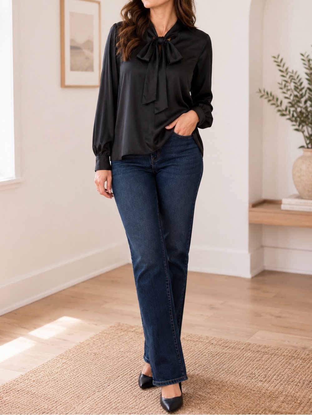 NEW Lauren James Margo Top Black Tie Neck Blouse Long Sleeve Classic Medium